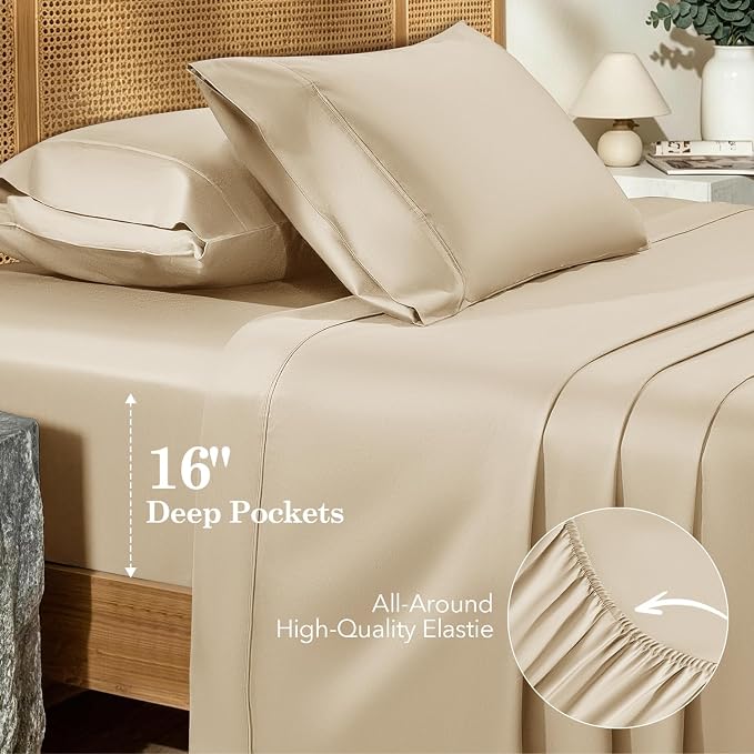 SONORO KATE 100% Organic Cotton Sheets Set - 600 Thread Count, GOTS Certified Cotton Bed Sheets, Soft, Breathable & Silky Sateen Weave Sheets, 16" Deep Pockets - 4 PC (Beige,King)