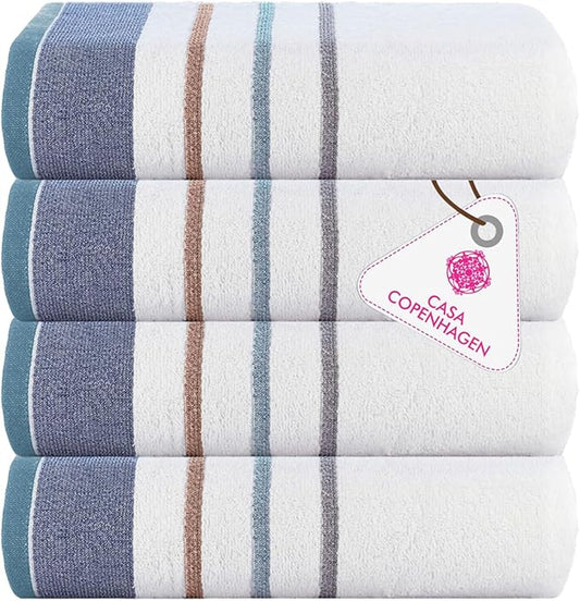 CASA COPENHAGEN White Bay 4Pcs 100% Egyptian Cotton Large Designer Towels Gift Set- Grey - Denim, 600 GSM, 55"x27", 4Bath Towels for Bathroom (Box Pack, Set for Women & Men)