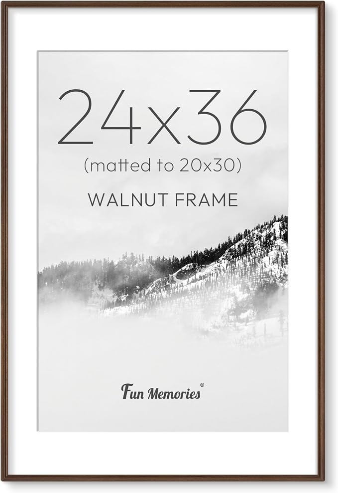 24x36 Picture Frame with Mat for 20x30, USA-Sourced Walnut Wood Handcrafted Rounded Corner with HD Tempered Glass, 24 x 36 Gallery Wall Frames for Posters & Art Prints, Vertically or Horizontally
