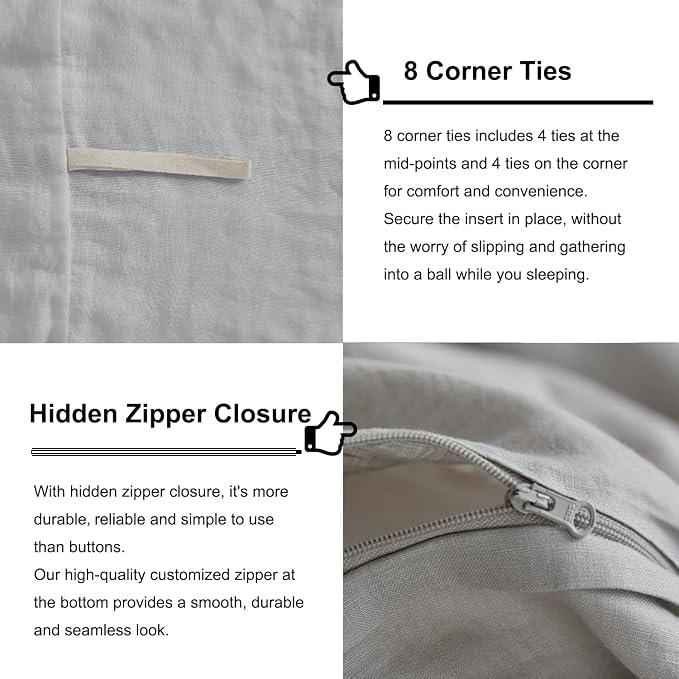 TOSMO Linen Duvet Cover Set, 100% French Flax Natural Linen Bedding 3pcs Set, Soft Breathable for Hot Sleepers 1 Duvet Cover and 2 Pillowcases (Light Grey, Queen)