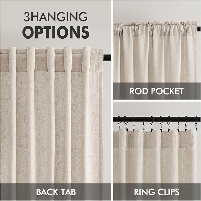 MIULEE Non-See-Through Privacy Linen Curtains 2 Panels, Light Filtering Window Curtains Farnhouse Textured Back Tab Semi Sheer Drapes for Bedroom Living Room, 52 x 63 Inches Long, Linen