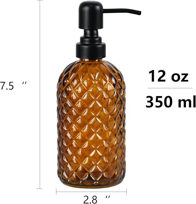 12Oz Glass Soap Dispenser with 304 Black Rustproof Stainless-Steel Pump, Refillable Glass Soap Dispenser for Kitchen, Bathroom, Farmhouse (Amber)