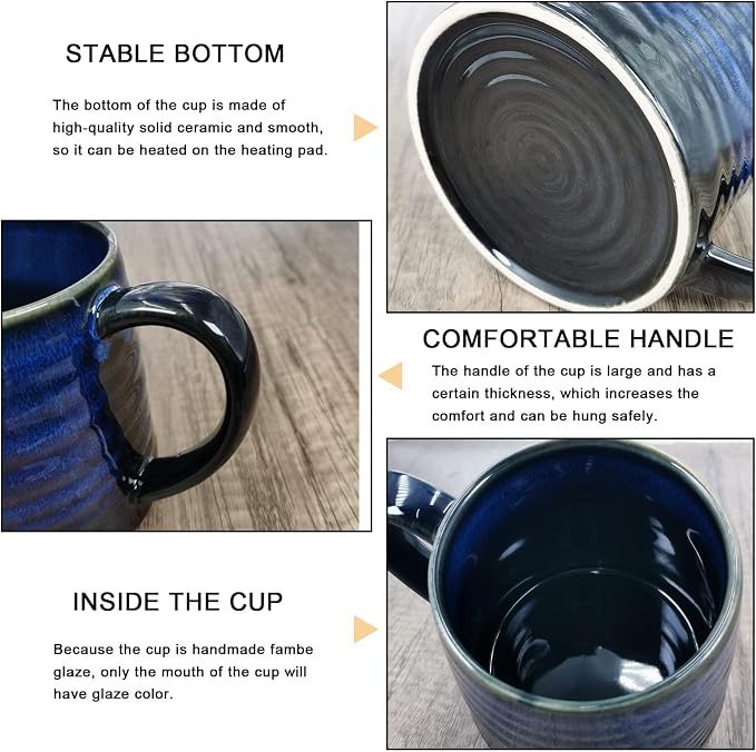 18 Oz Large Ceramic Coffee Mug, 500ml Big Handmade Pottery Tea Cup for Office and Home, Big Handle Easy to Hold, Microwave and Dishwasher Safe, Stylish Texture Glaze (Starry Blue)