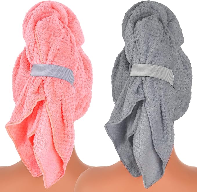hoyuwak 2-Pack Microfiber Hair Towel Turban for Women - Fast Drying, Ultra Absorbent, Lightweight Hair Wrap for Gym, Beach, Travel & Home Use