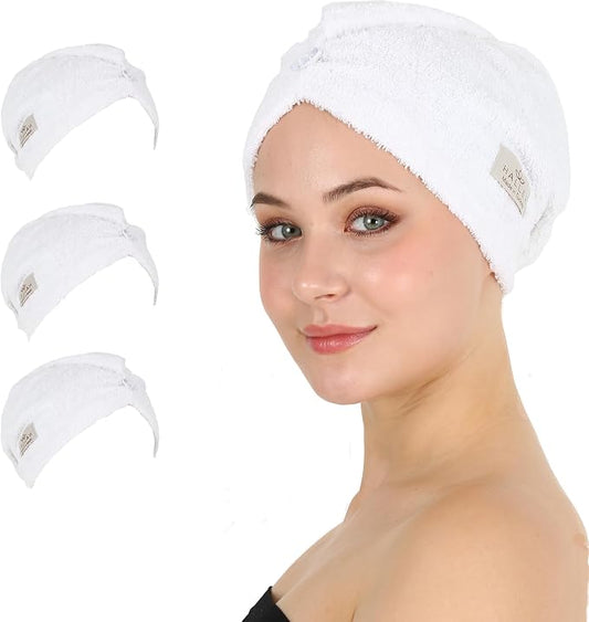 HALLEY Cotton Hair Towel Wrap (3 Packs) Super Absorbent Fast Drying Hair Towel for Thick Hair Turbans for Wet Hair with Button (White)