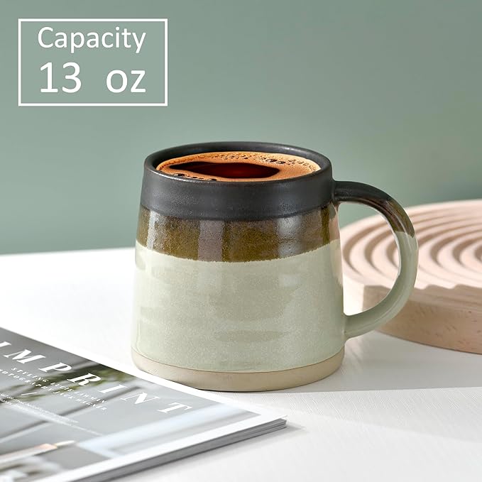 fMBB Large Ceramic Coffee Mug, 13 Ounce Tea and Coffee Cup, Wide Bottom & Reactive Glaze Tapered Pottery Mug for Office/Home, Dishwasher & Microwave Safe, Coffee Tone