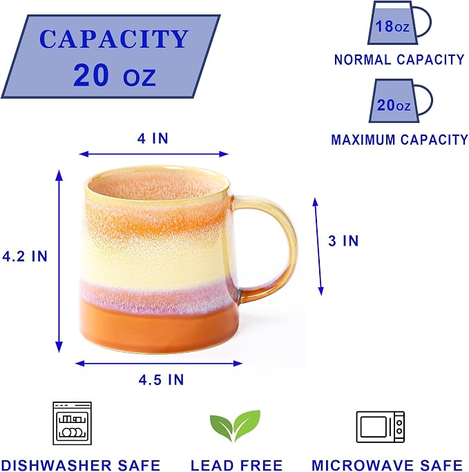 Large Ceramic Coffee Mugs, 20 oz Handmade Pottery Mug, Big Tea Cups with Handle for Office and Home, Dishwasher and Microwave Safe (Orange)