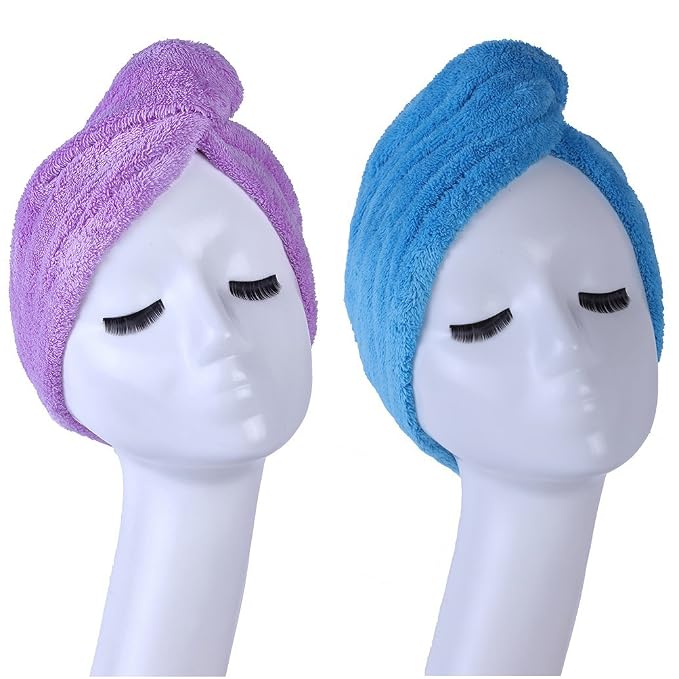 YYXR Microfiber Hair Turban Towel Wrap - Super Absorbent Drastically Reduce Hair Drying Time(2 Pack Puple & Blue)