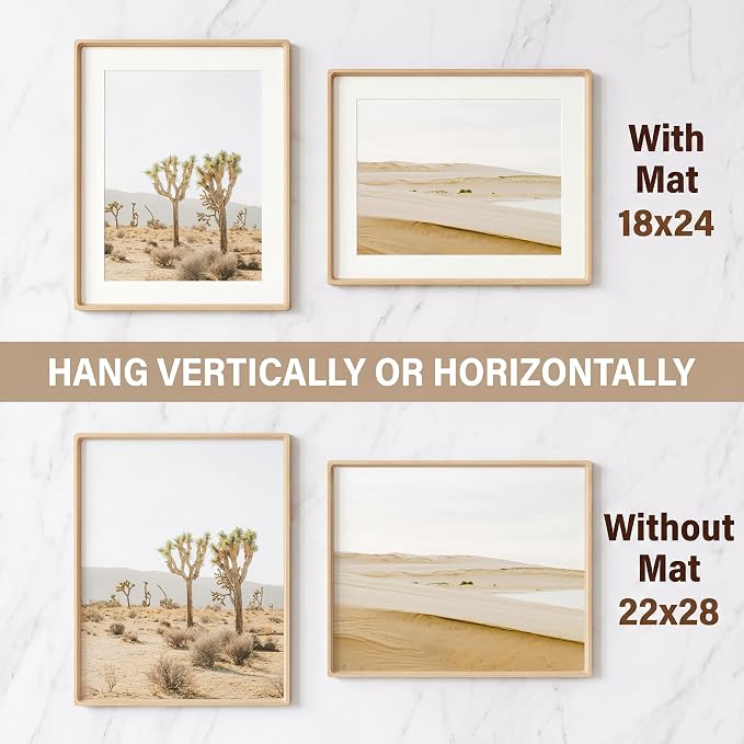 22x28 Poster Frame, USA-Sourced Beech Wood Picture Frame with HD Tempered Glass, Handcrafted Rounded Corner 22 x 28 Wooden Frames Matted to 18x24 Photos, Horizontal or Vertical Wall Display