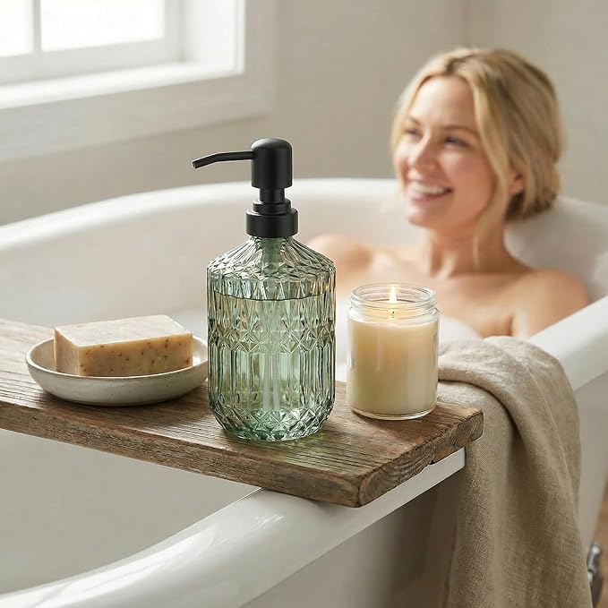 2-Pack Green Glass Soap Dispenser for Bathroom, Decorative Hand Soap Dispenser with Black Rust Proof Pump, Farmhouse Kitchen Soap Dispenser for Hand Soap, Dish Soap, Lotion, Body Wash (14 OZ)