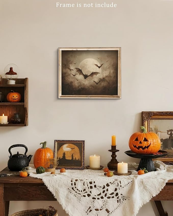 Vodefoad Vintage Halloween Bat Print, Retro Full Moon Gothic Wall Art, Bats Flying in the Dark Night Sky, Eerie Elegance and Classic halloween Mystery,Moody Night Halloweens Wall Decor for Living Room, Bedroom, Bathroom, Holiday Gift - 8x10 Inch Unframed