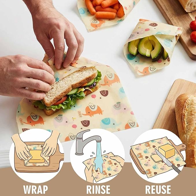 Beeswax Wraps for Food, Elephant 3 Pack (S, M, L) Reusable Food Wraps, Bread Sandwich Wrap, Zero Waste, Organic, Plastic-Free Food Storage Wrap