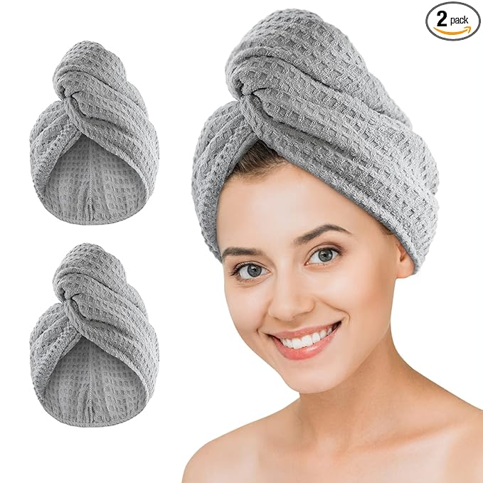 Dolwis Microfiber Hair Drying Towel - 2Packs Waffle Long Hair Head Turban Wraps Terry Cloth Fast Absorbent Dry Anti Frizz Twist Plopping Curly Shower Turban for Women Wet Hair (Gray)