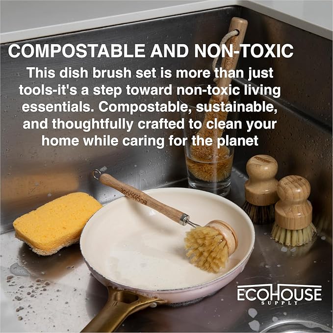 ECOHOUSE SUPPLY™ Bamboo Dish Brush Set – 6-Piece Natural Fiber Kitchen Brush Set with Loofah Sponges (No Bleach), Sisal & Palm Scrubbers – Non-Toxic, Eco-Friendly, Plastic-Free Dish Cleaning Brushes.