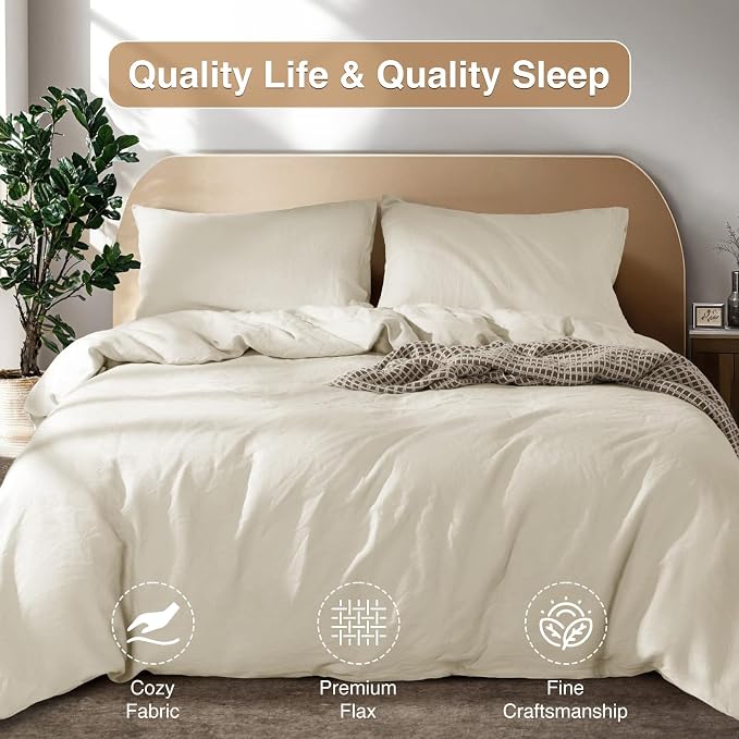 SONORO KATE 100% French Linen Duvet Cover King Size, Soft Breathable for Hot Sleepers, Moisture Wicking & Durable Cover Set - Zipper Closure & 4 Corner Ties Duvet Covers 3 Piece (Cream,King)
