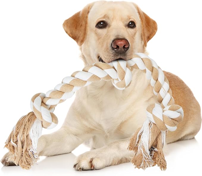 PetiFine Dog Rope Toys for Large/Medium Dogs, Chew Toys for Aggressive Chewers, Natural Cotton 3 Knots Interactive Tug of War Dog Pull Rope, Teeth Cleaning