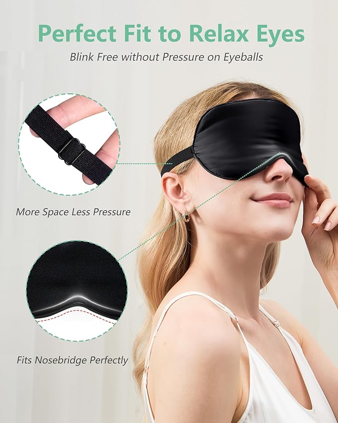 BeeVines Sleep Mask, 4 Packs 100% Real Natural Pure Silk Eye Masks with Adjustable Strap for Sleeping, Mulberry Silk Eye Sleep Shade Cover, Block Light Reduces Puffy Eyes Traveling Gifts(Black)