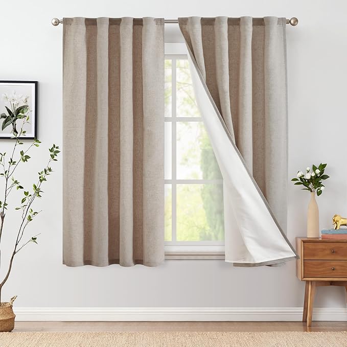jinchan Linen Curtains with Privacy Lining 63 inch Length Lined Curtains for Living Room Bedroom Light Filtering Taupe Drapes Neutral Farmhouse Cottage Core Home Office Rod Pocket Back Tab 2 Panels