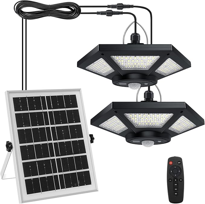 Solar Shed Light Indoor Outdoor 180LED Dual Head Solar Powered Pandent Daytime Work Lights with 5 Lighting Modes & 3 Timers, Solar Indoor Lights Motion Sensor with Remote for Shed Barn Garage