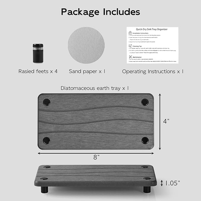 Water Absorbing Stone Sink Tray, 8" Diatomite Tray for Kitchen Bathroom Vanity, Fast Drying Stone Drying Caddy for Soap Dispenser, Sponge Holder with Wavy Groove Design