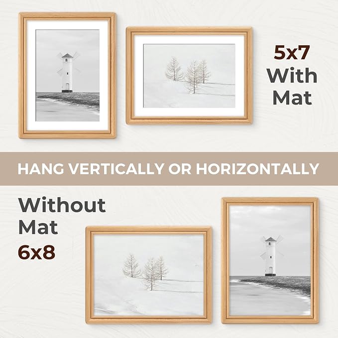 6x8 Picture Frame with Mat for 5x7, USA-Sourced Natural Beech Wood Handcrafted Rounded Corner with HD Tempered Glass, 6 x 8 Photo Frames Gallery Wall & Tabletop, Vertical or Horizontal Display