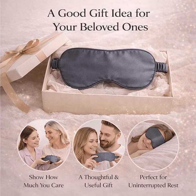 100% Mulberry Silk Sleep Mask for Women/Men Airplane Travel, Pure 22 Momme Silk Eye Mask Blackout for Sleeping, Ajustable, Luxury, Anti Wrinkle, Anti Aging Silk Blindfold, Made in USA (Slate Gray)