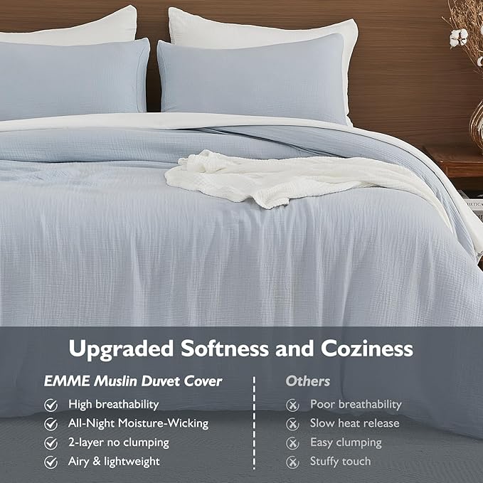EMME Muslin Cotton Duvet Cover Set Queen Size Linen Like Soft Breathable Lightweight Summer Comforter Cover Set with Zipper Closure (Blue, Queen, 90"x90")