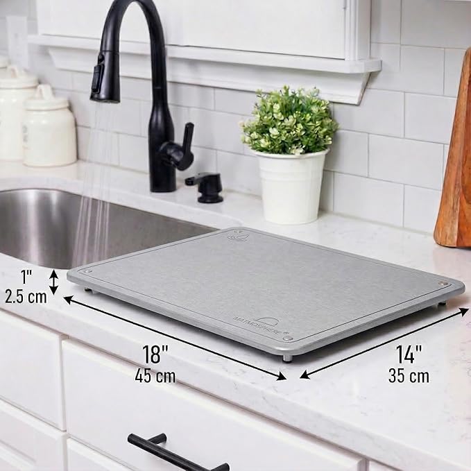 LARGE MATMOSPHERE Stone Dish Drying Mat for Kitchen Counter – Fast Absorbing Diatomaceous Mat with Stainless Steel Legs, Quick Dry, Dish Rack Mat, USA Small Business, 18”x14”, Light Gray