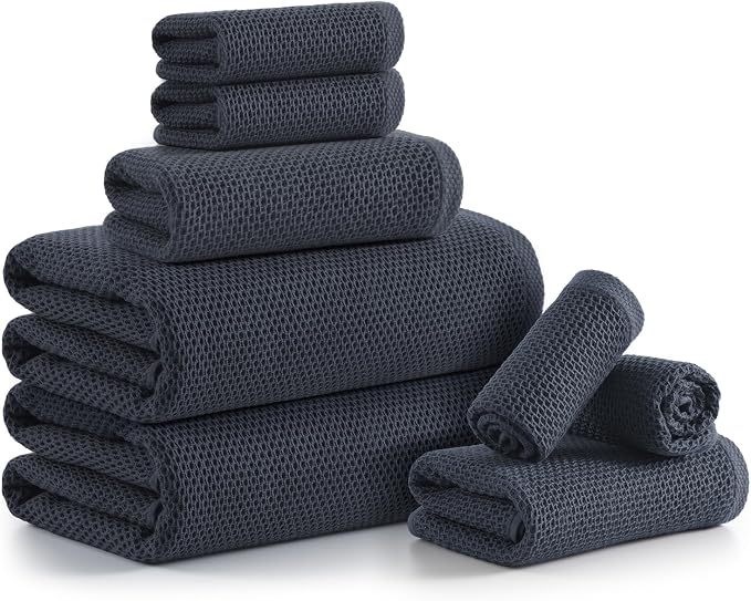 REDKISS Quick Dry Waffle Towel Set of 8, 100% Cotton,Lightweight & Highly Absorbent Waffle Towels for Bathroom, Spa, Gym, Pool-2 Bath Towels, 2 Hand Towels & 4 Washcloths,Dark Gray