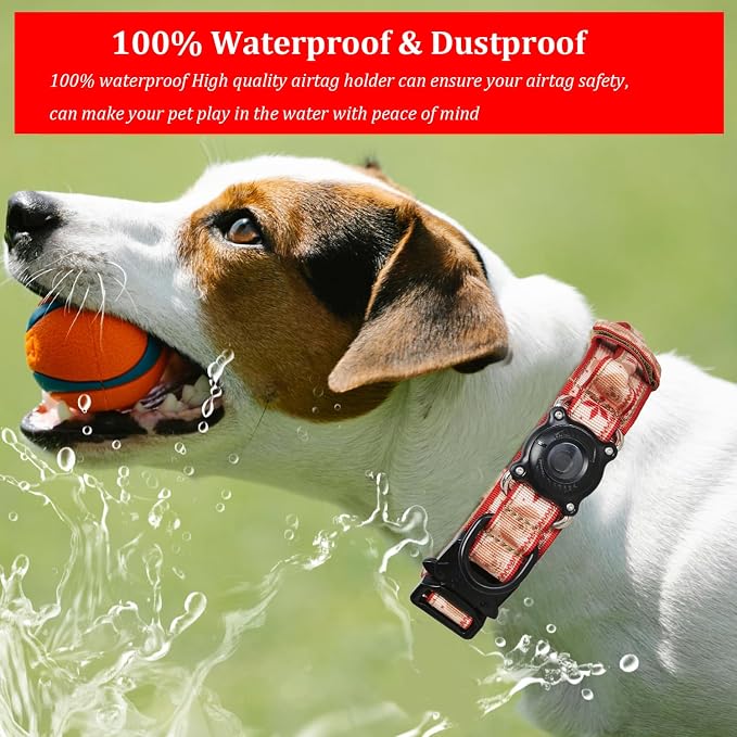 Christmas Tactical Dog Collar with Airtag Holder Waterproof Dog Airtag Collar with Control Handle Adjustable Heavy Duty Dog Collars(Christmas Red，L
