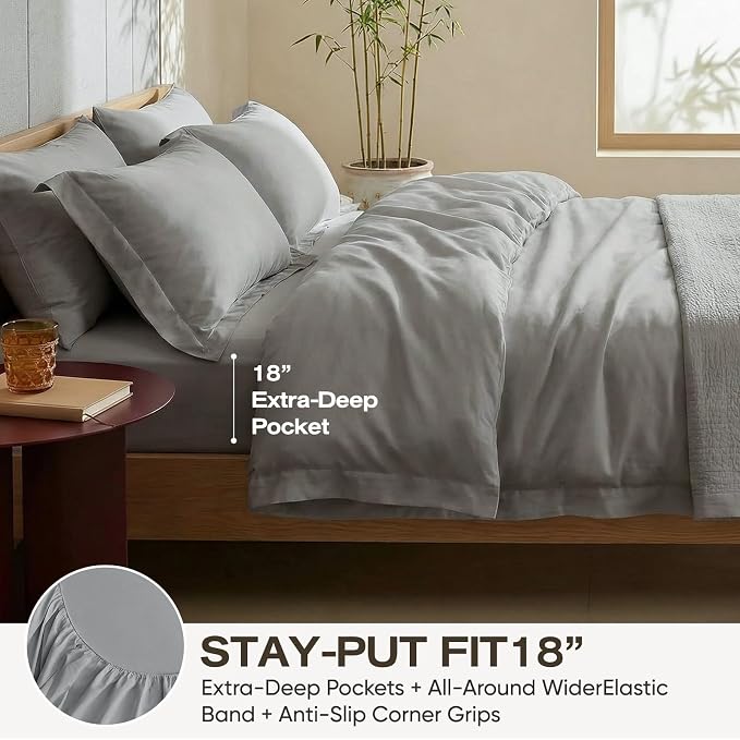 TWK Real 100% Viscose Derived from Bamboo Sheets Set Full Size for RV Camper, Cooling & Silky Soft for Hot Sleeper, Luxury with Breathable Fabric, 18" Deep Pocket with Corner Straps (Gray, Full)