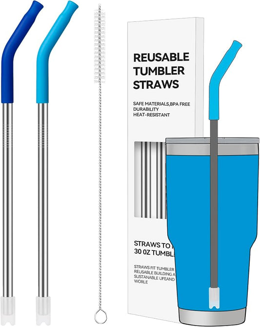 2 PCS 30oz Reusable Straws Ideal for 30oz Stanley Cup & 24oz Tumblers | Stainless Steel Drinking Straw with Anti-Clank Silicone Bottom, Fits Most Medium-Size Mugs