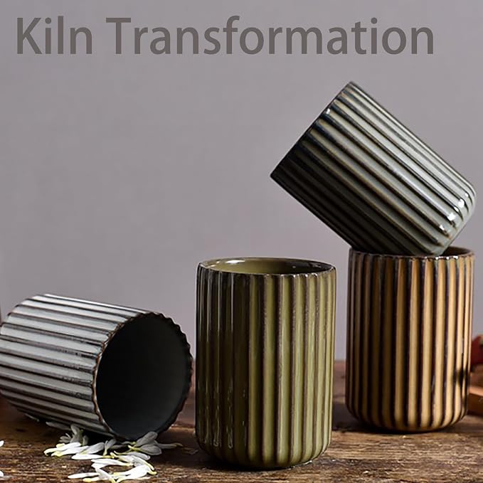 Vinitage Ceramic Mug, Japanese Tea Cup 10oz Striped Cup No Handle Drinking Cup for Latte Milk Water Beverage Juice Microwave and Dishwasher Safe, Kiln Transformation Cup (Brown)