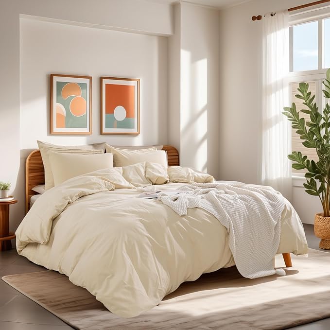 NEXHOME PRO Duvet Cover Set King Size Linen Look Textured Organic Natural 100% Washed Cotton Duvet Cover 3 Pieces Bedding Set with Zipper (No Comforter)