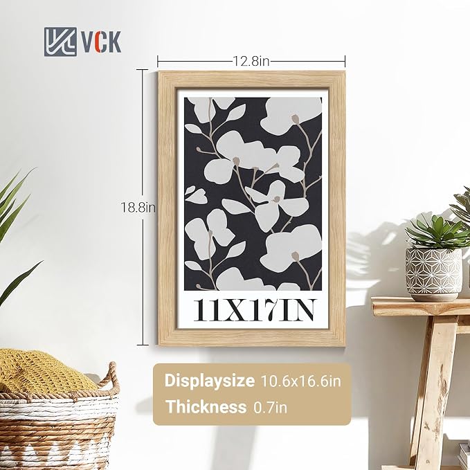 VCK 11x17 Picture Frame Set of 4 - Oak, Gallery-Quality Wood Poster Frames, 1.1-Inch Wide Border, Polished Plexiglass, Vertical or Horizontal Wall Display for Photo/Art/Prints, Natural Oak
