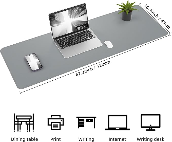 AFIING Leather Desk Pad Protector, 47" x 17" Large Desk Mat with Natural Cork & PU Leather, Mouse Pad, Non-Slip, Waterproof Desk Writing Pad for Office and Home (Light Gray)