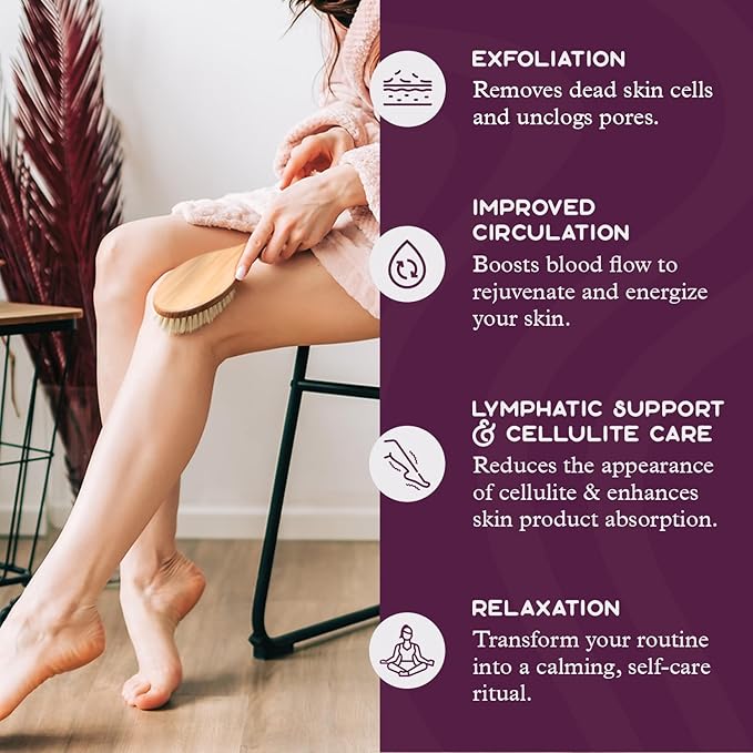 Purple Canyon Body Brush – Natural Boar Bristle Dry Brush for Exfoliating, Lymphatic Drainage, Cellulite Appearance, and Circulation – Curved Wooden Handle for Easy Back & Body Brushing