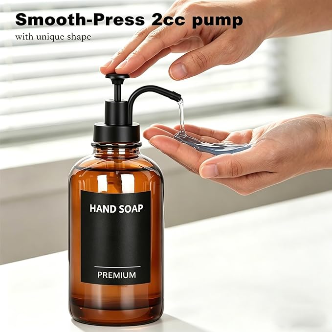 Amber 18 Oz Dish Soap Dispenser for Kitchen, Ultra-Thick Glass Soap Dispenser Set with Tray, Pump, Funnel for Bathroom, Liquid, Lotion, Shower, Laundry, (2 Pack with 12 Stickers)