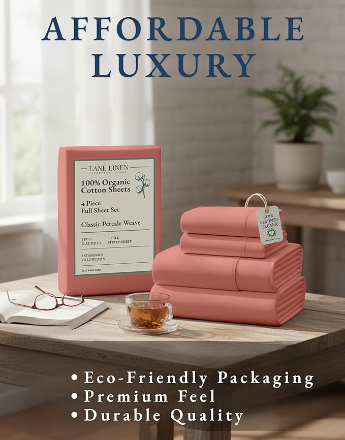 LANE LINEN 100% Organic Cotton Full Sheets Set, 4-Piece Pure Organic Cotton Percale Sheets, Long Staple Cotton Sheet, Ultra Soft Bedding Sheets, Breathable,Fits Mattress Upto 15" Deep - Rose Dawn