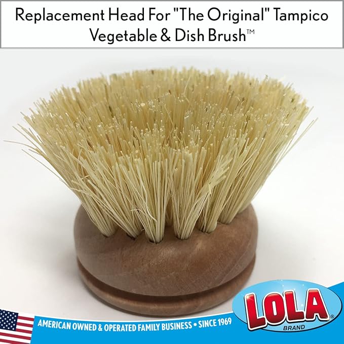 LOLA Replacement Head for The Original Tampico Vegetable & Dish Brush, 1.75" Head, Birchwood & Poly Bristles, Reusable & Washable, 1 Count