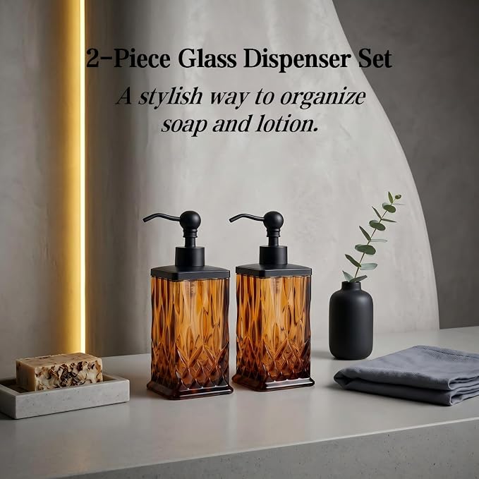 2 Pack 10Oz Glass Soap Dispenser with Matte Black Zinc Alloy Pump,Amber Square Textured Refillable Hand Soap Dispenser with Vertical Fluting for Lotion,Soap,Body Wash,Kitchen Bathroom Countertop Decor