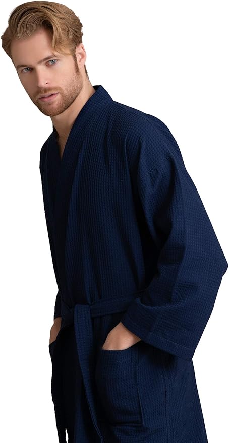 Soft Touch Linen Men's Cotton Waffle Bathrobe, Luxurious & Lightweight, Comfortable & Absorbent, Softness, Fast Dry,