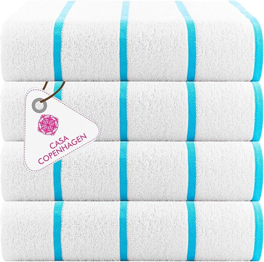 CASA COPENHAGEN Cabana Pool 4Pcs 100% Egyptian Cotton Large Designer Beach Towels Gift Set- White Cyan, 500GSM, 55"x27", 4 Beach Bath Towels (Box Pack, Set for Women & Men)