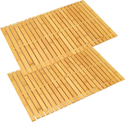 QTLCOHD 2 Pcs Bamboo Bath Mat, Wood Shower Bathroom Mat, 16 x 24 Inch | Non Slip Bathtub Mat, Foldable Waterproof Non Slip Accessories for Floor, Sauna, Spa, Hot Tub