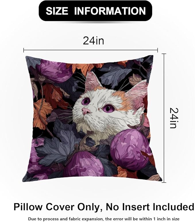 Shrahala Cute Cat Decorative Throw Pillow Cover, Among Purple Fruits Square Pillowcase Blended Double-Sided No Inserts for Bedroom Living Room Set of 2 (24 X 24 in)