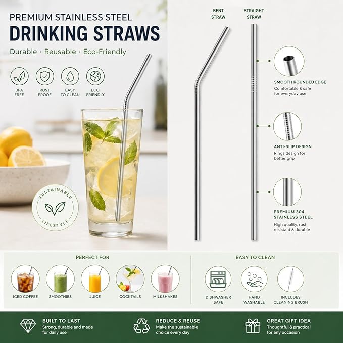 16 Pack Reusable Stainless Steel Metal Straws: 4 Straight 8.5" + 4 Bent 8.5" + 4 Straight 10.5" + 4 Bent 10.5", with 4 Cleaning Brushes, Dishwasher Safe for 20 24 30 oz Tumblers
