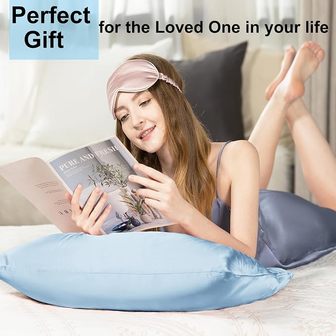 Ravmix Silk Pillow Cases with Zipper, 21momme Mulberry Silk Pillowcase for Hair Skin Health, Soft Smooth Breathable Cool Pillow Cover for Beauty Sleep with Gift Box 1PC(Queen 20"x30", Light Blue)