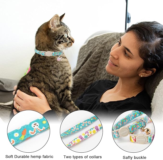 Cat Collar,2 Pack Easter Day Bunny Cat Collars Breakaway with Bell, DOGWONG Safety Buckle Cat Collar Rabbit Cat Collar for Girl Boy Cats，Adjustable 7-12 Inch