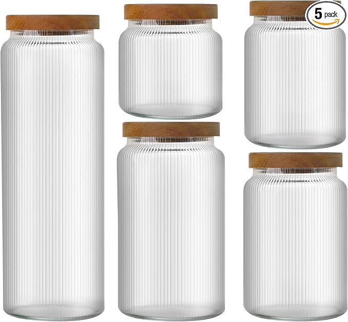 Glass Jars with Lids - Glass Storage Containers with Airtight Wood Lids - SpiceJjars - Kitchen Canisters for Tea,Coffee,Sugar,Spaghetti,Cereal,Flour