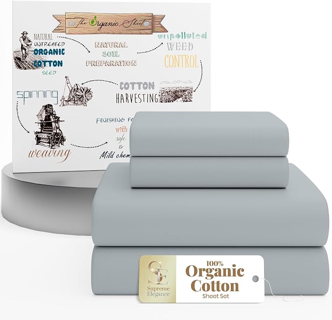 SUPREME ELEGANCE 4Pc 100% Organic Cotton King Size Sheets Set, Soft Silver, Cooling Percale, Deep Pocket Fitted Sheet, Fits 16" Mattresses, Breathable Bed Sheets & Pillowcases, Crisp Bedding